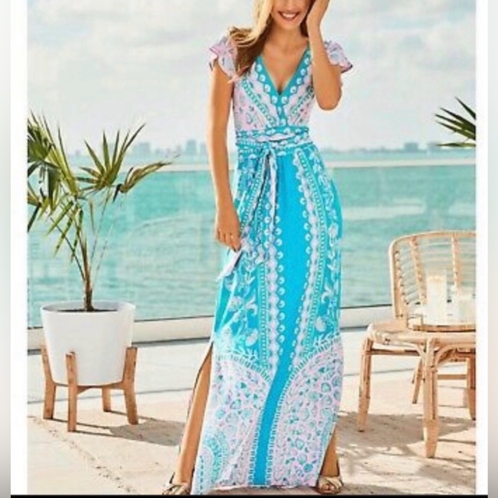 Lilly Pulitzer Esmarella Maxi Dress NWT Sz L Blue Turquoise Water Ya Waiting For